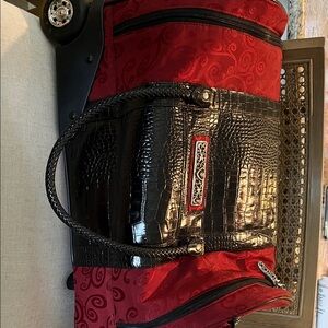 Brighton Red and Black Travel Tote with Croc-Texture Front